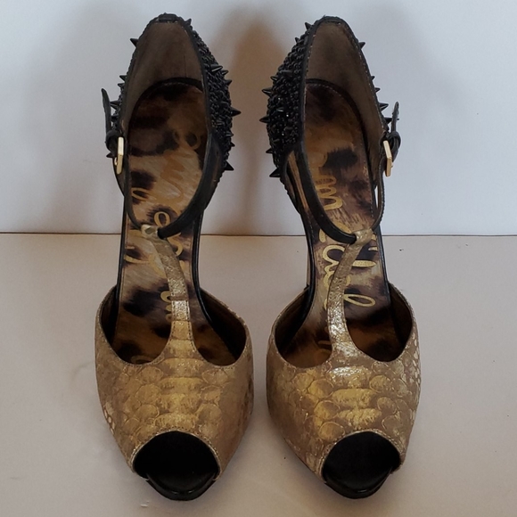 Sam Edamen 4" gold/black spike heels - Picture 2 of 8